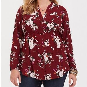 EMMA - RED WINE FLORAL CHALLIS BABYDOLL TUNIC